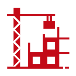 Rote Grafik für Bauleitung, Kran mit Gebäude